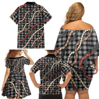 Hawaii Palaka Niihau Shell Lei Family Matching Off Shoulder Short Dress and Hawaiian Shirt Tropical Island Plaid Patterns