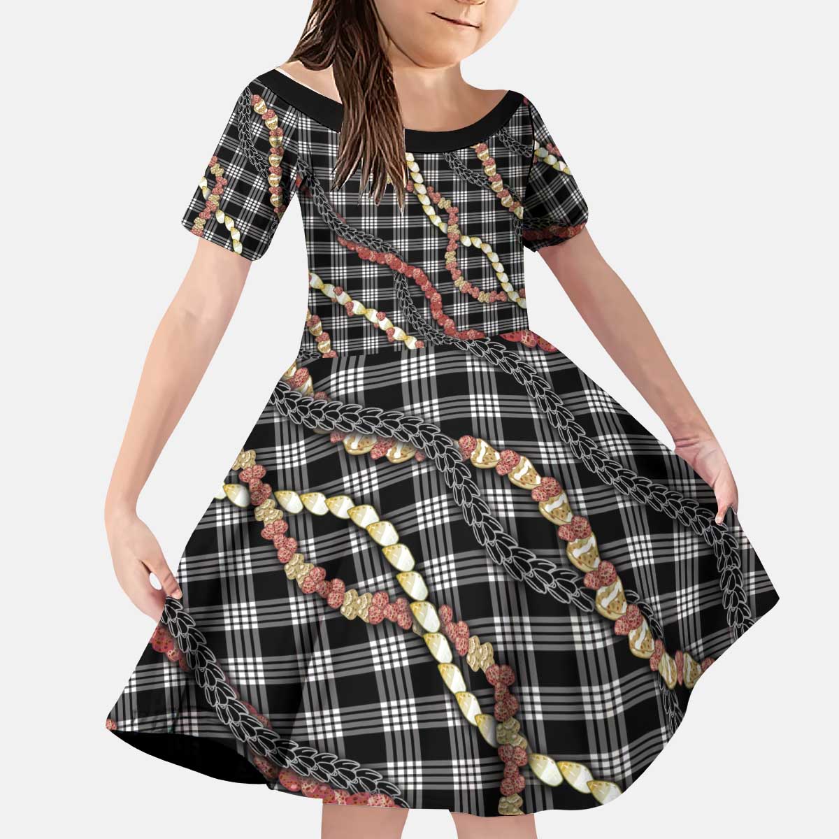Hawaii Palaka Niihau Shell Lei Kid Short Sleeve Dress Tropical Island Plaid Patterns DT05 KID Black - Polynesian Pride