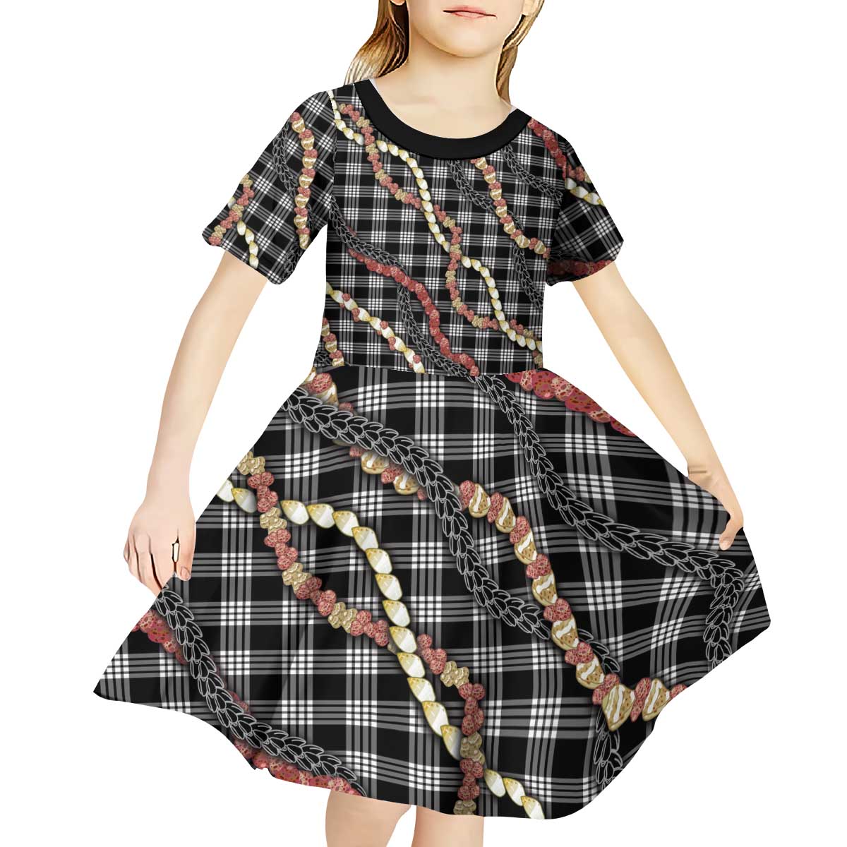 Hawaii Palaka Niihau Shell Lei Kid Short Sleeve Dress Tropical Island Plaid Patterns DT05 - Polynesian Pride