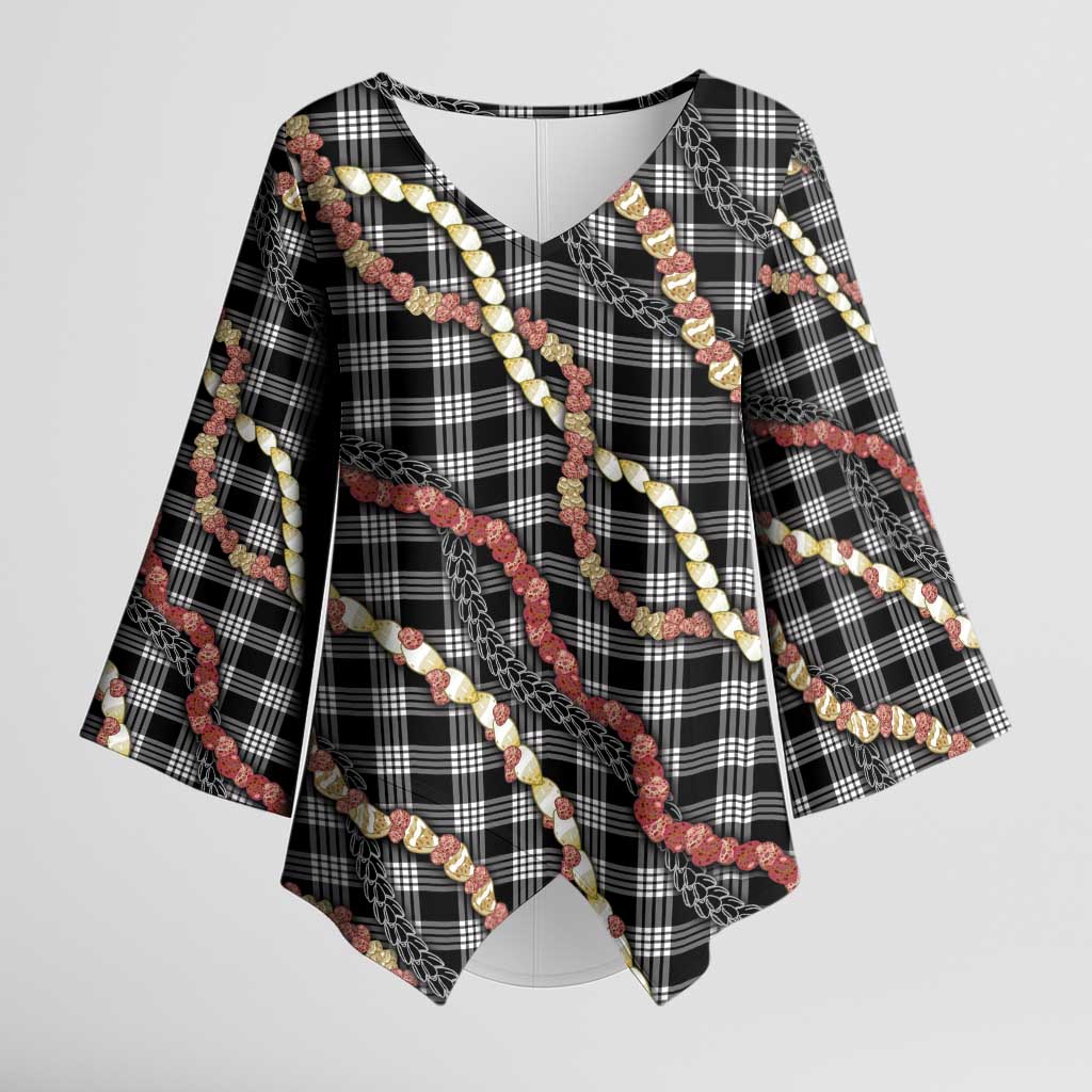 Hawaii Palaka Niihau Shell Lei Kimono Sleeve Blouse Tropical Island Plaid Patterns DT05 Female Black - Polynesian Pride