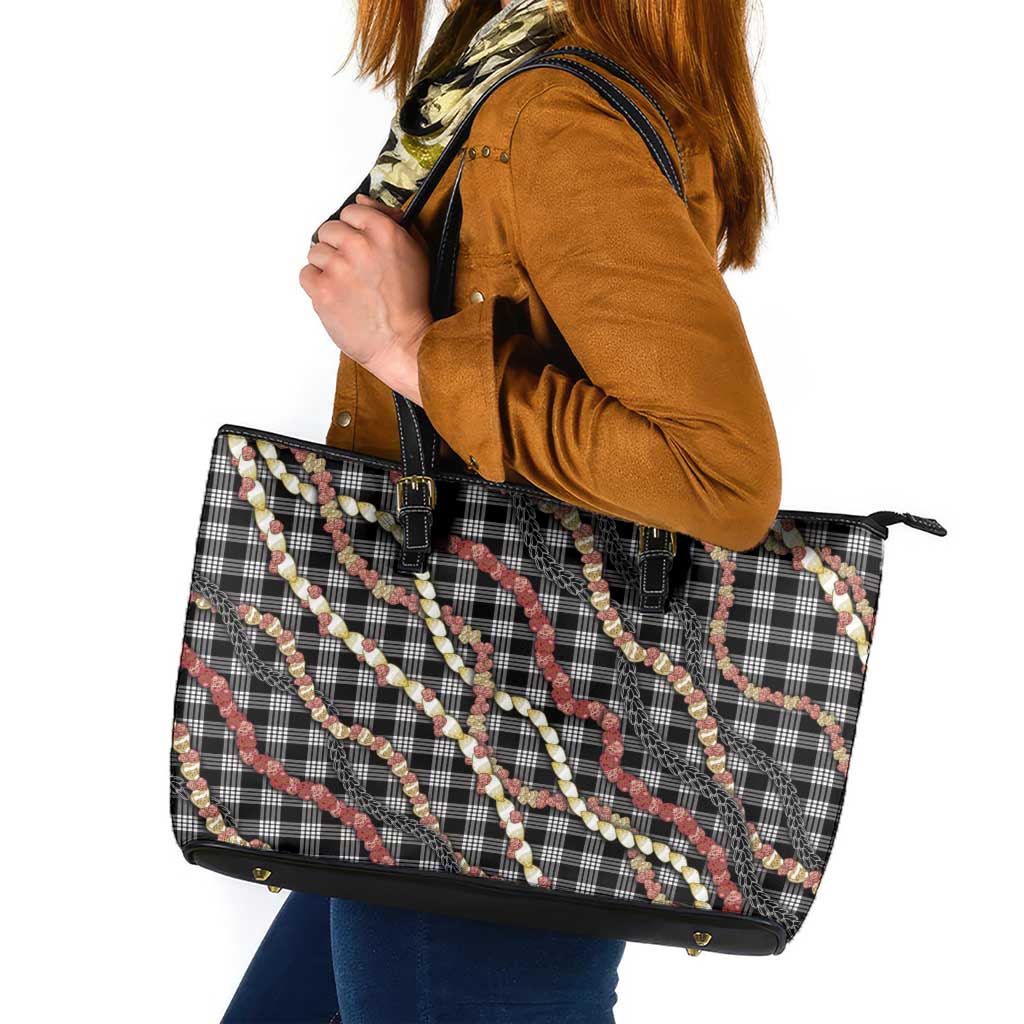 Hawaii Palaka Niihau Shell Lei Leather Tote Bag Tropical Island Plaid Patterns DT05 Black - Polynesian Pride