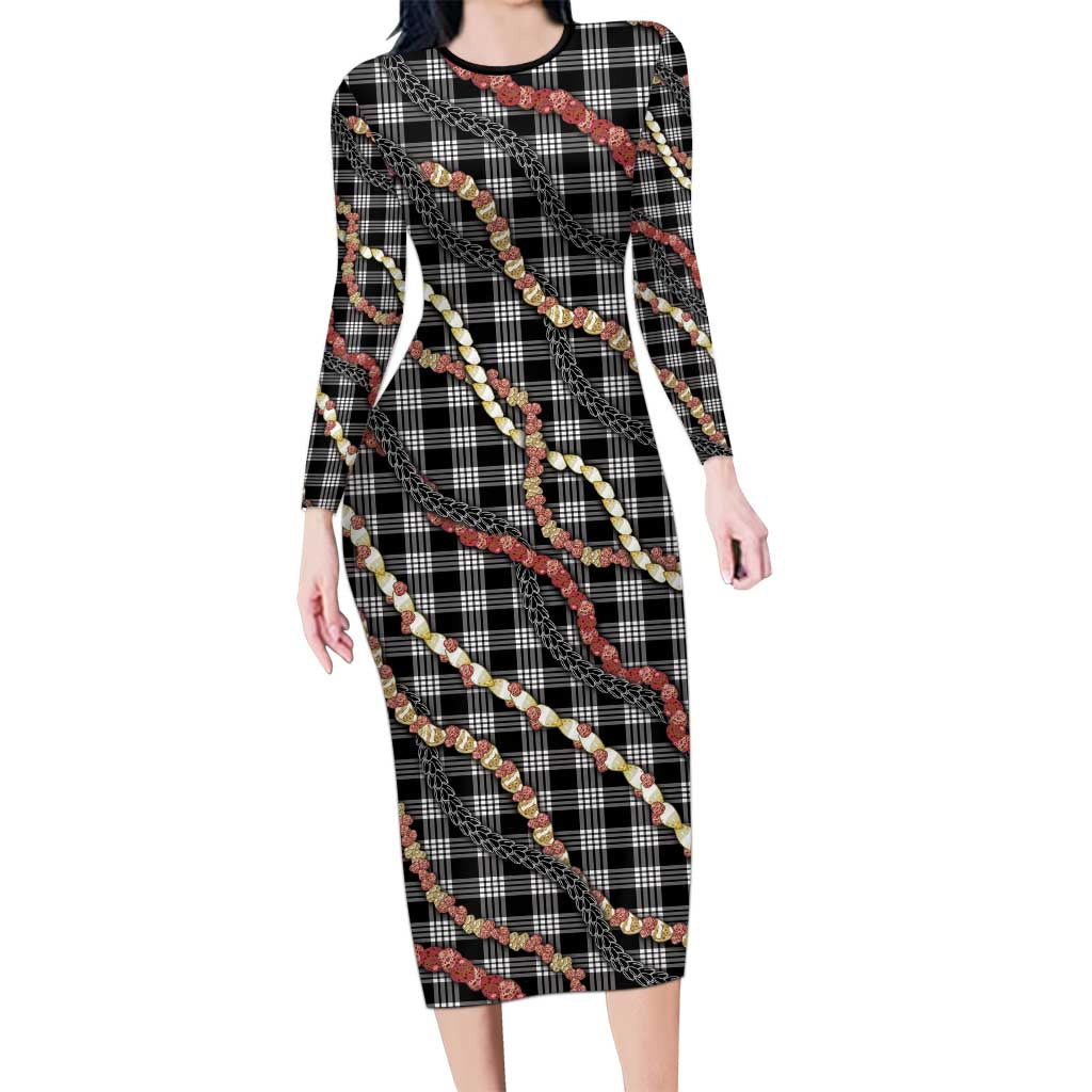 Hawaii Palaka Niihau Shell Lei Long Sleeve Bodycon Dress Tropical Island Plaid Patterns DT05 Long Dress Black - Polynesian Pride