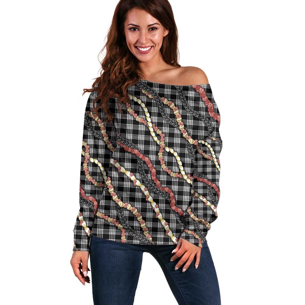 Hawaii Palaka Niihau Shell Lei Off Shoulder Sweater Tropical Island Plaid Patterns DT05 Women Black - Polynesian Pride