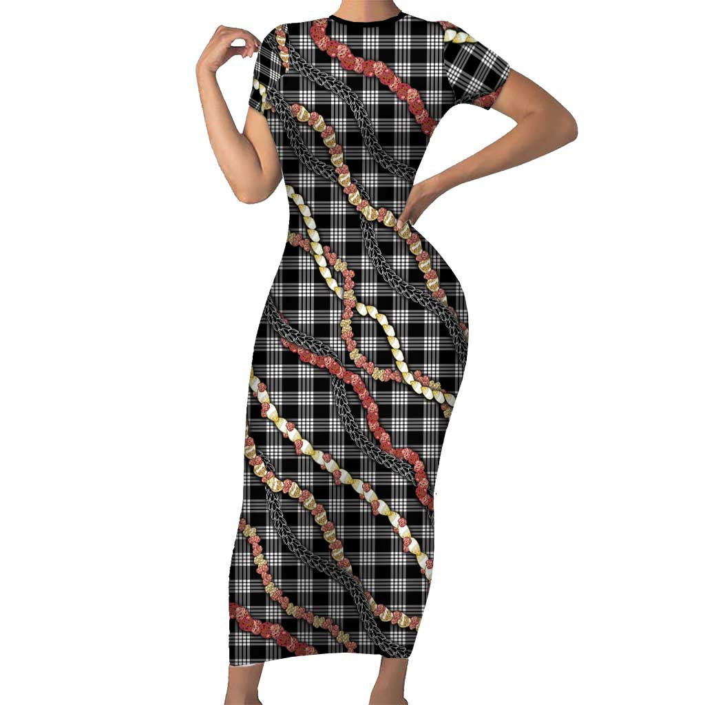 Hawaii Palaka Niihau Shell Lei Short Sleeve Bodycon Dress Tropical Island Plaid Patterns DT05 Long Dress Black - Polynesian Pride