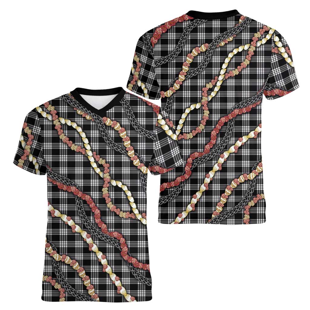Hawaii Palaka Niihau Shell Lei Women V-Neck T-Shirt Tropical Island Plaid Patterns DT05 - Polynesian Pride