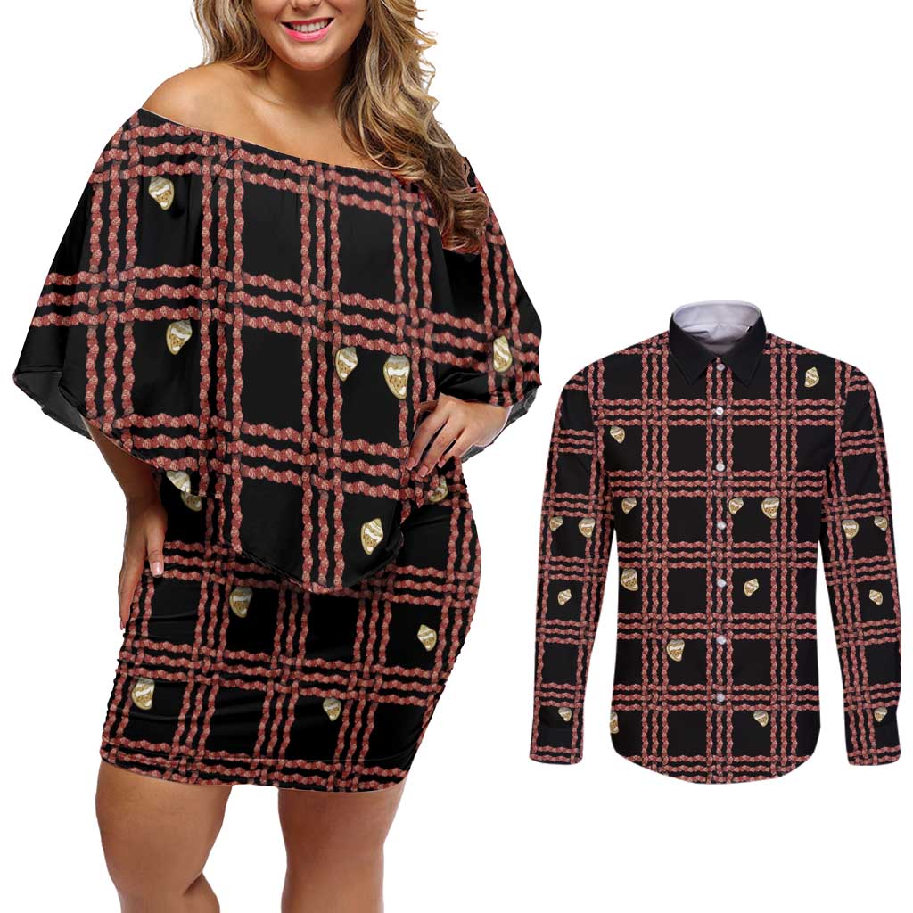 Hawaii Palaka Kahelelani Shell Lei Costume Couples Matching Off Shoulder Short Dress and Long Sleeve Button Shirt Plaid Patterns DT05 Black - Polynesian Pride