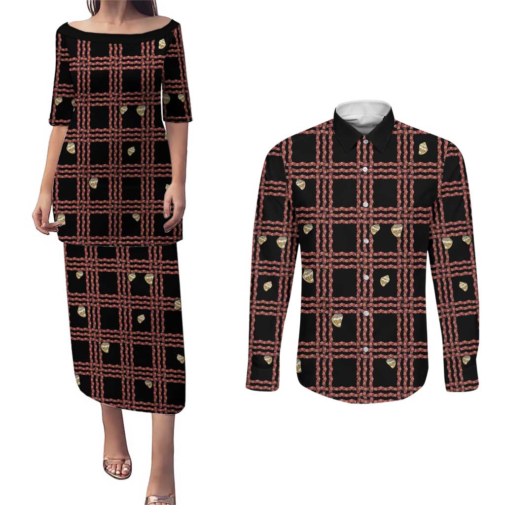 Hawaii Palaka Kahelelani Shell Lei Costume Couples Matching Puletasi and Long Sleeve Button Shirt Plaid Patterns DT05 Black - Polynesian Pride