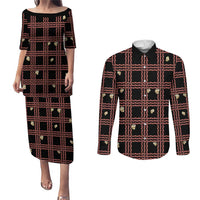 Hawaii Palaka Kahelelani Shell Lei Costume Couples Matching Puletasi and Long Sleeve Button Shirt Plaid Patterns DT05 Black - Polynesian Pride