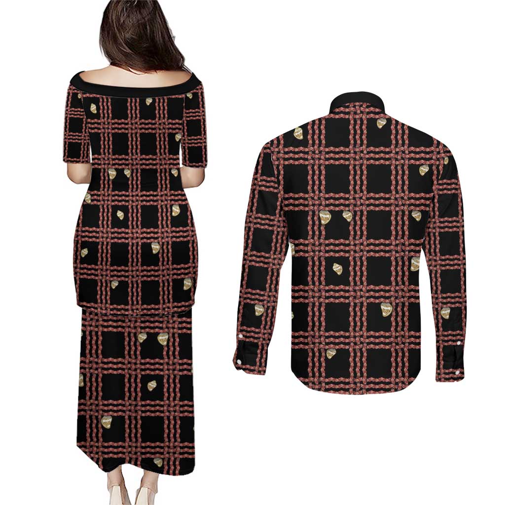 Hawaii Palaka Kahelelani Shell Lei Costume Couples Matching Puletasi and Long Sleeve Button Shirt Plaid Patterns DT05 - Polynesian Pride