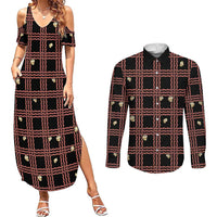 Hawaii Palaka Kahelelani Shell Lei Costume Couples Matching Summer Maxi Dress and Long Sleeve Button Shirt Plaid Patterns DT05 Black - Polynesian Pride