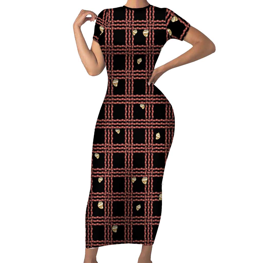 Hawaii Palaka Kahelelani Shell Lei Costume Short Sleeve Bodycon Dress Plaid Patterns DT05 Long Dress Black - Polynesian Pride