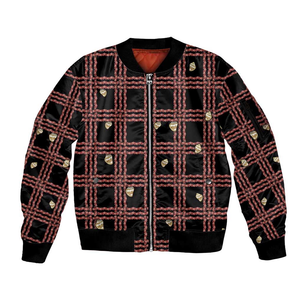 Hawaii Palaka Kahelelani Shell Lei Costume Sleeve Zip Bomber Jacket Plaid Patterns DT05 Unisex Black - Polynesian Pride