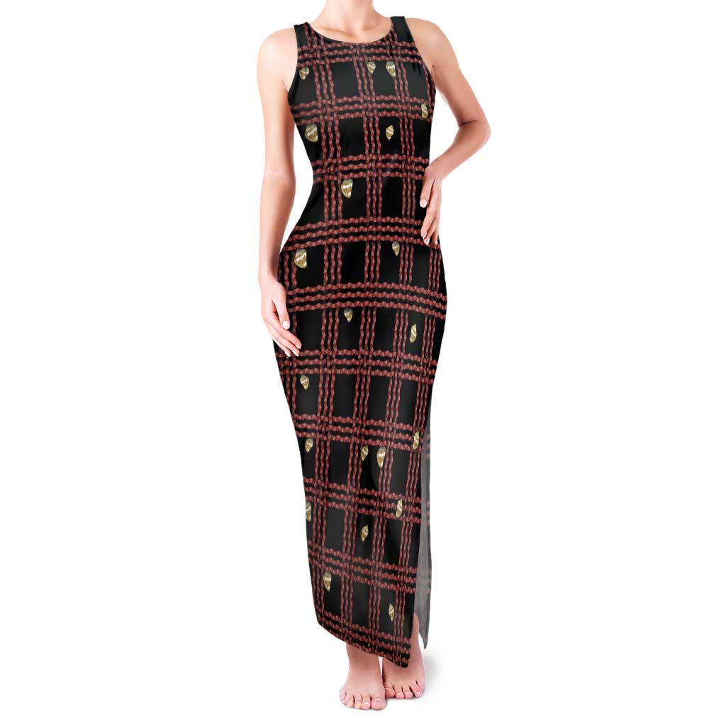 Hawaii Palaka Kahelelani Shell Lei Costume Tank Maxi Dress Plaid Patterns DT05 Women Black - Polynesian Pride