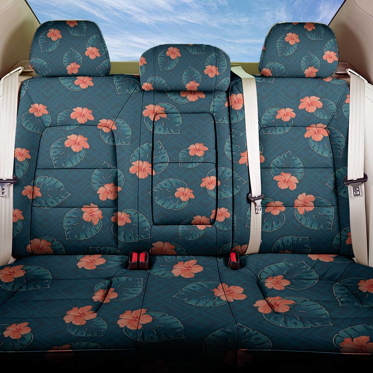 Hawaii Monstera Back Car Seat Cover Hibiscus Flowers Simple Style - Polynesian Pride