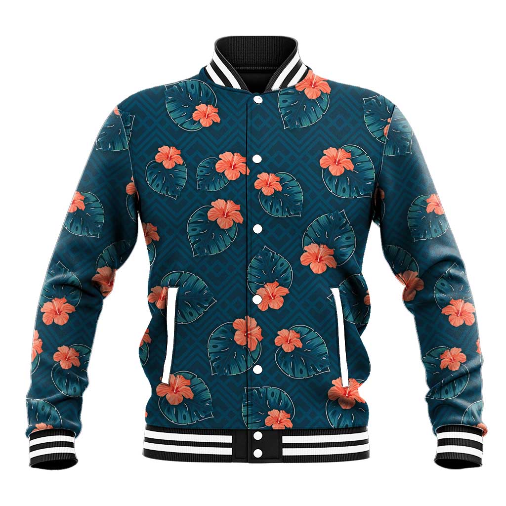 Hawaii Monstera Baseball Jacket Hibiscus Flowers Simple Style - Polynesian Pride