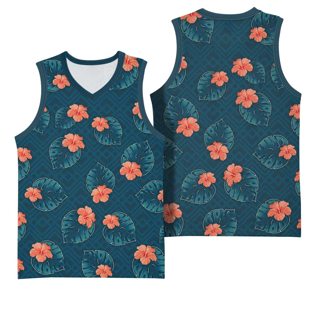 Hawaii Monstera Basketball Jersey Hibiscus Flowers Simple Style - Polynesian Pride