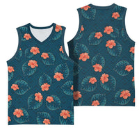 Hawaii Monstera Basketball Jersey Hibiscus Flowers Simple Style - Polynesian Pride