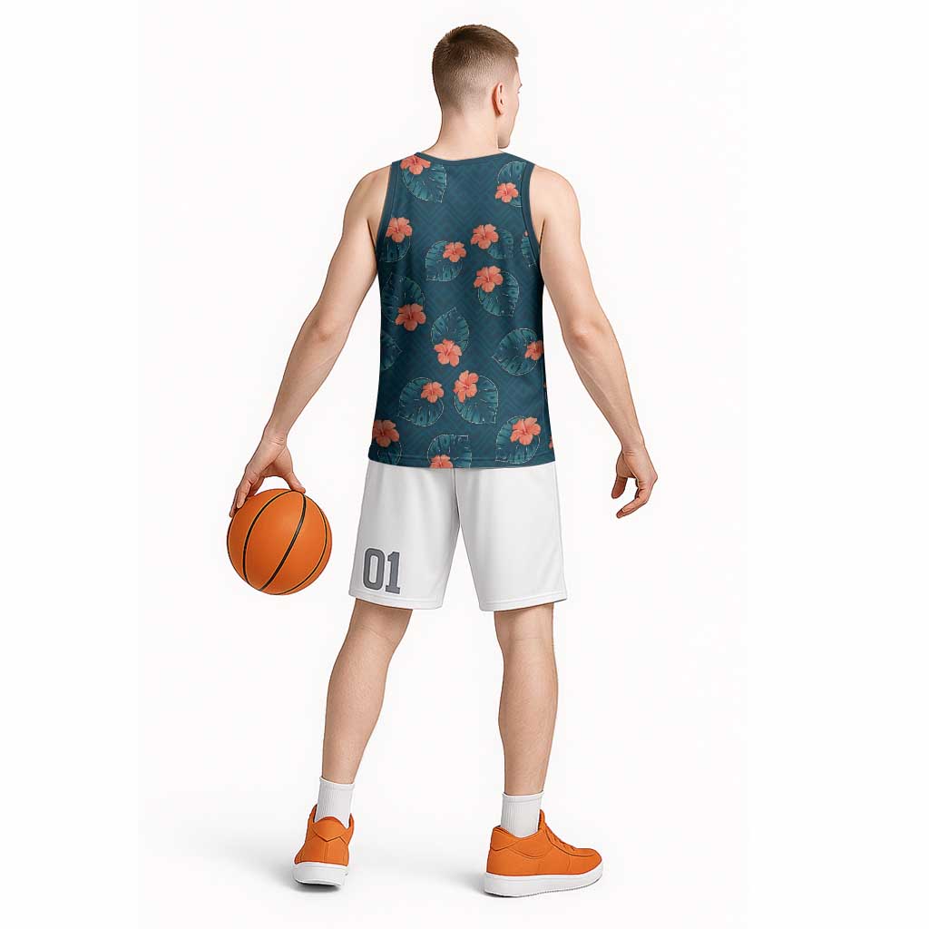Hawaii Monstera Basketball Jersey Hibiscus Flowers Simple Style - Polynesian Pride
