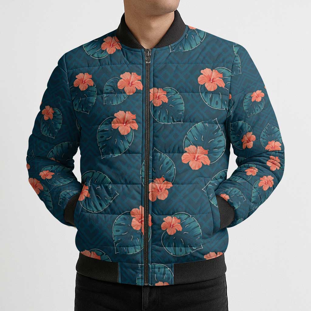 Hawaii Monstera Bomber Puffer Jacket Hibiscus Flowers Simple Style - Polynesian Pride