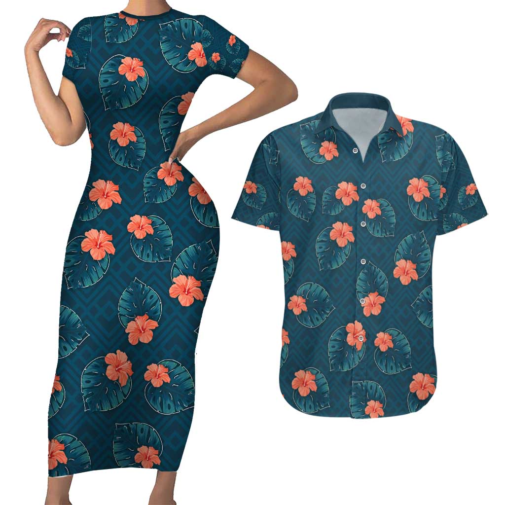 Hawaii Monstera Couples Matching Short Sleeve Bodycon Dress and Hawaiian Shirt Hibiscus Flowers Simple Style - Polynesian Pride