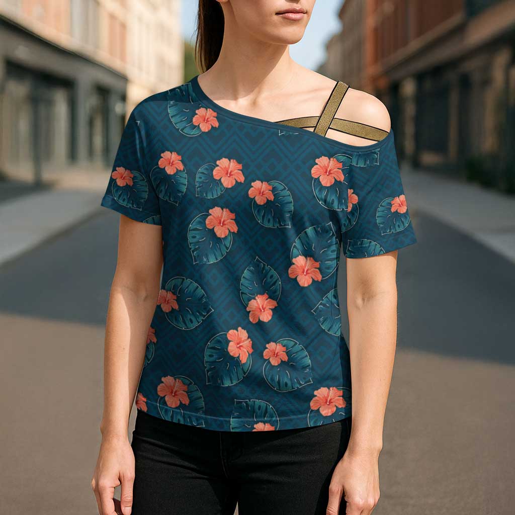 Hawaii Monstera Cross Shoulder Shirt Hibiscus Flowers Simple Style - Polynesian Pride