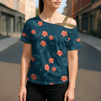 Hawaii Monstera Cross Shoulder Shirt Hibiscus Flowers Simple Style - Polynesian Pride