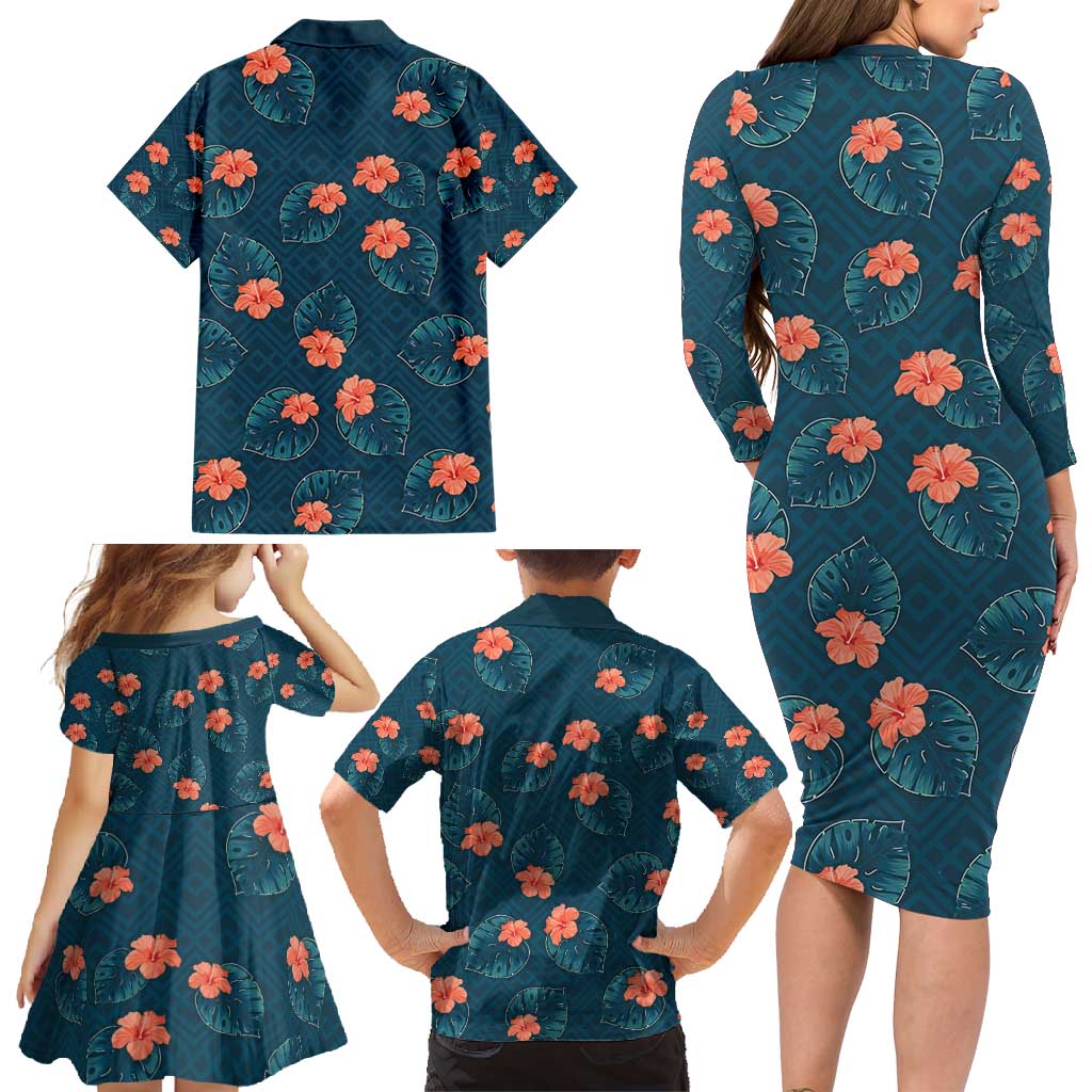 Hawaii Monstera Family Matching Long Sleeve Bodycon Dress and Hawaiian Shirt Hibiscus Flowers Simple Style - Polynesian Pride