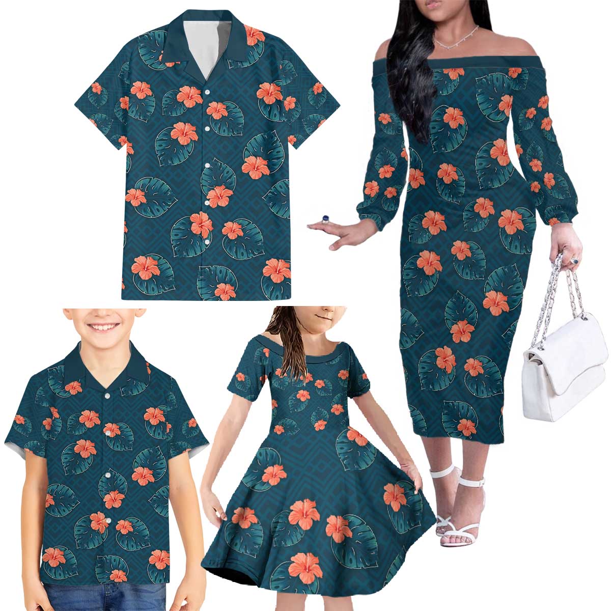Hawaii Monstera Family Matching Off The Shoulder Long Sleeve Dress and Hawaiian Shirt Hibiscus Flowers Simple Style - Polynesian Pride