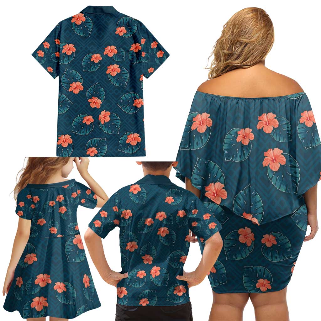 Hawaii Monstera Family Matching Off Shoulder Short Dress and Hawaiian Shirt Hibiscus Flowers Simple Style - Polynesian Pride