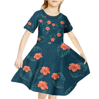 Hawaii Monstera Kid Short Sleeve Dress Hibiscus Flowers Simple Style - Polynesian Pride