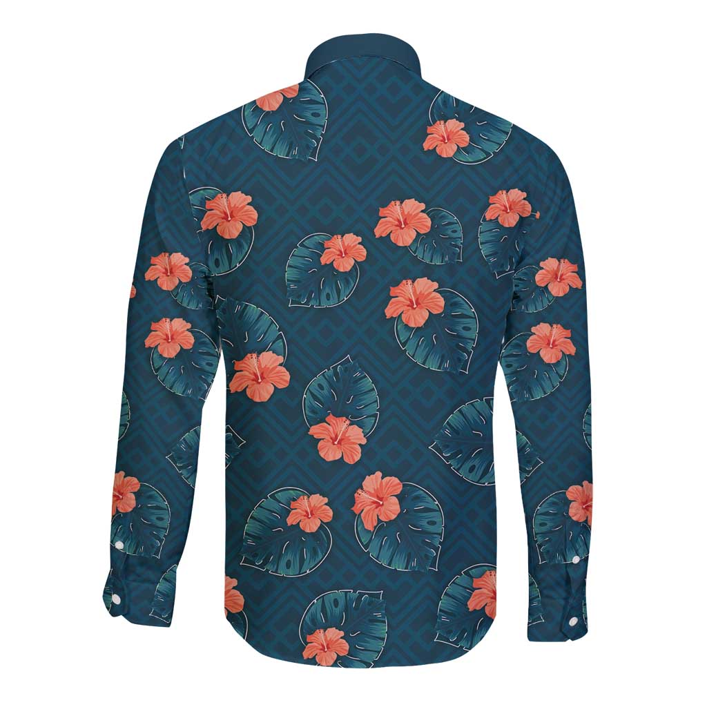 Hawaii Monstera Long Sleeve Button Shirt Hibiscus Flowers Simple Style - Polynesian Pride