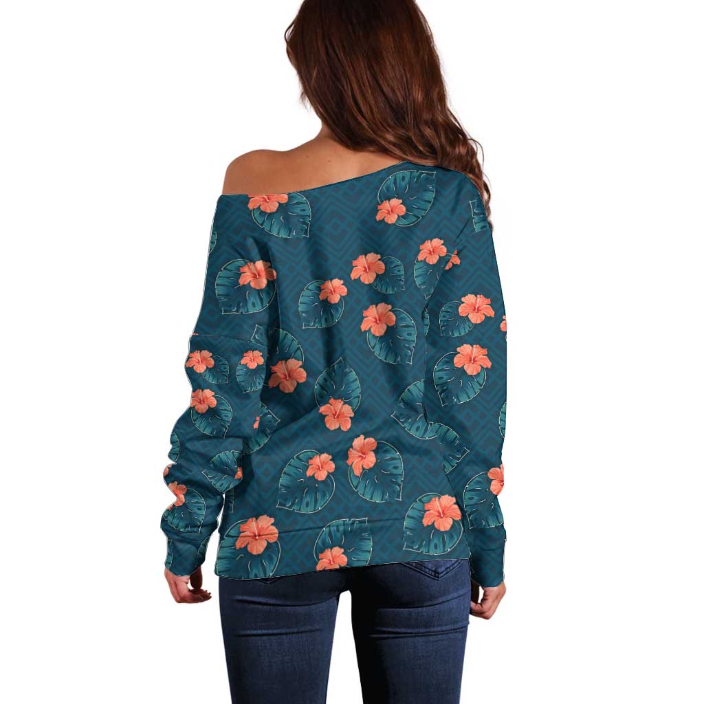 Hawaii Monstera Off Shoulder Sweater Hibiscus Flowers Simple Style - Polynesian Pride