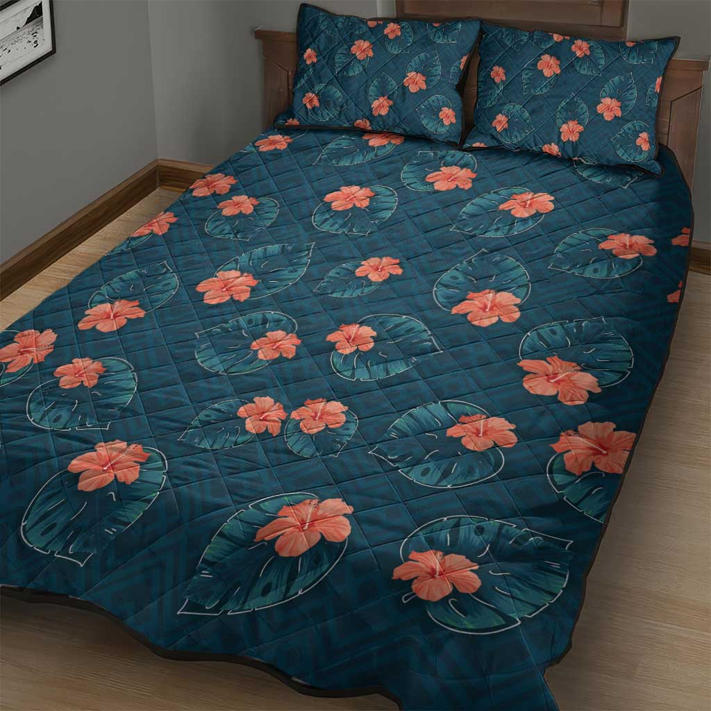 Hawaii Monstera Quilt Bed Set Hibiscus Flowers Simple Style - Polynesian Pride