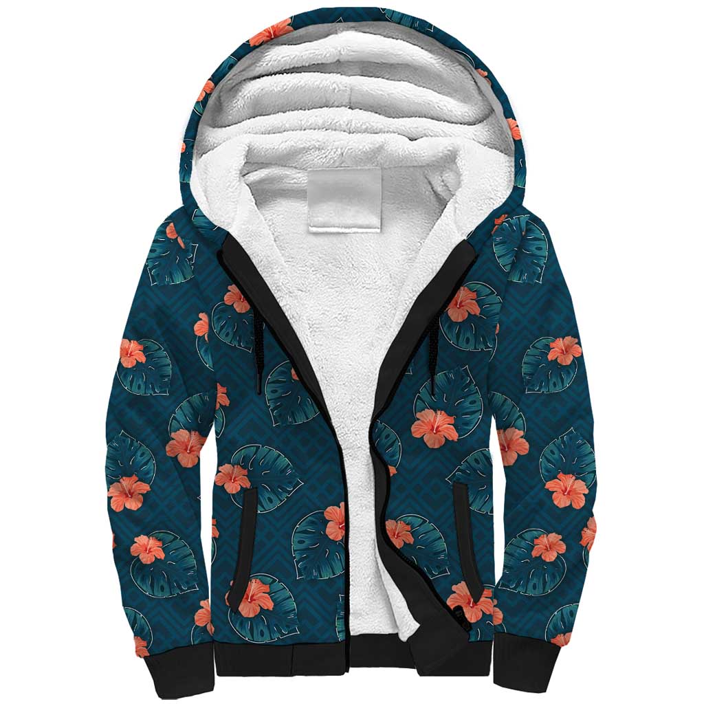 Hawaii Monstera Sherpa Hoodie Hibiscus Flowers Simple Style - Polynesian Pride