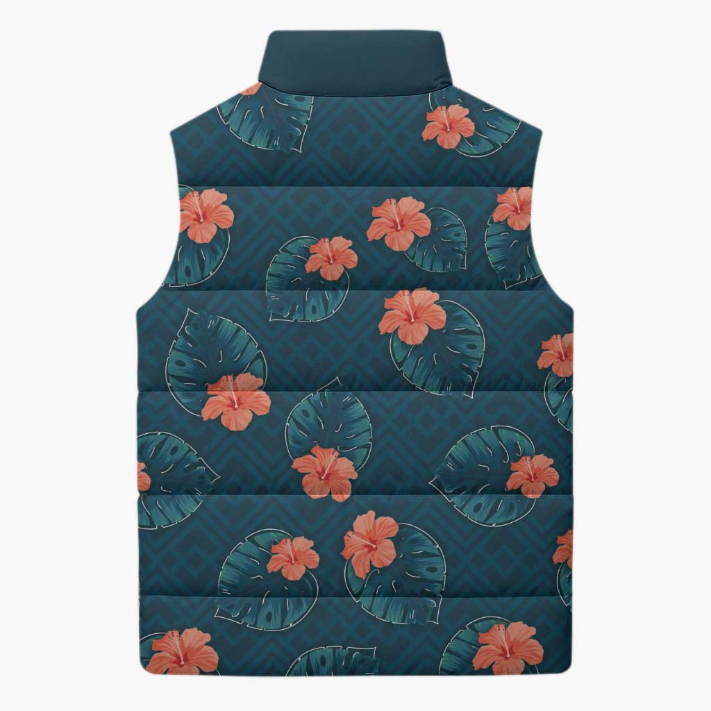 Hawaii Monstera Sleeveless Puffer Jacket Hibiscus Flowers Simple Style - Polynesian Pride