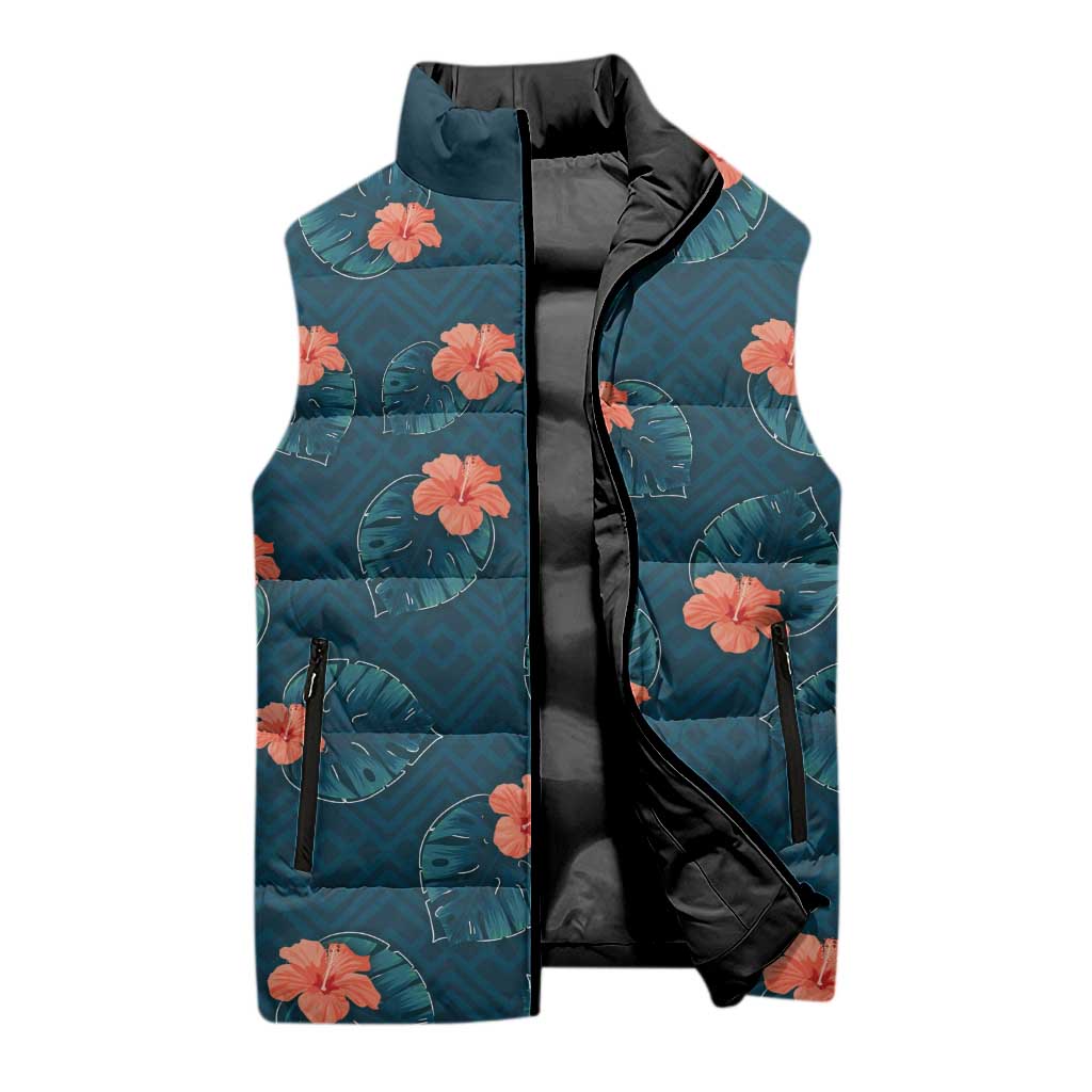 Hawaii Monstera Sleeveless Puffer Jacket Hibiscus Flowers Simple Style - Polynesian Pride