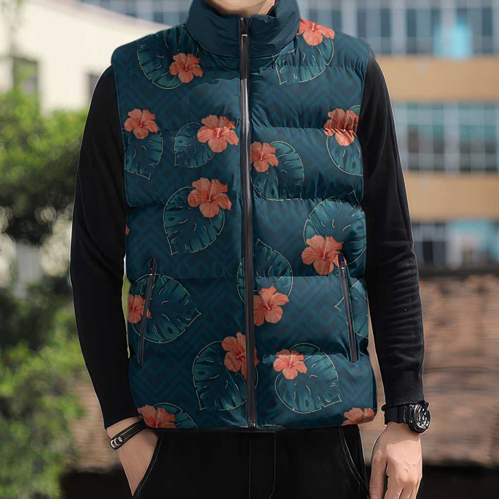 Hawaii Monstera Sleeveless Puffer Jacket Hibiscus Flowers Simple Style - Polynesian Pride