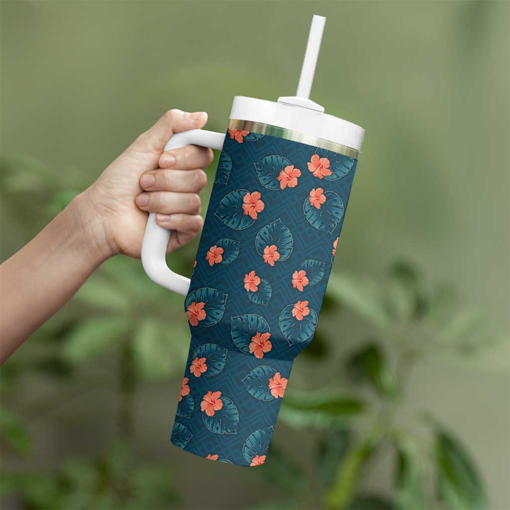 Hawaii Monstera Tumbler With Handle Hibiscus Flowers Simple Style - Polynesian Pride