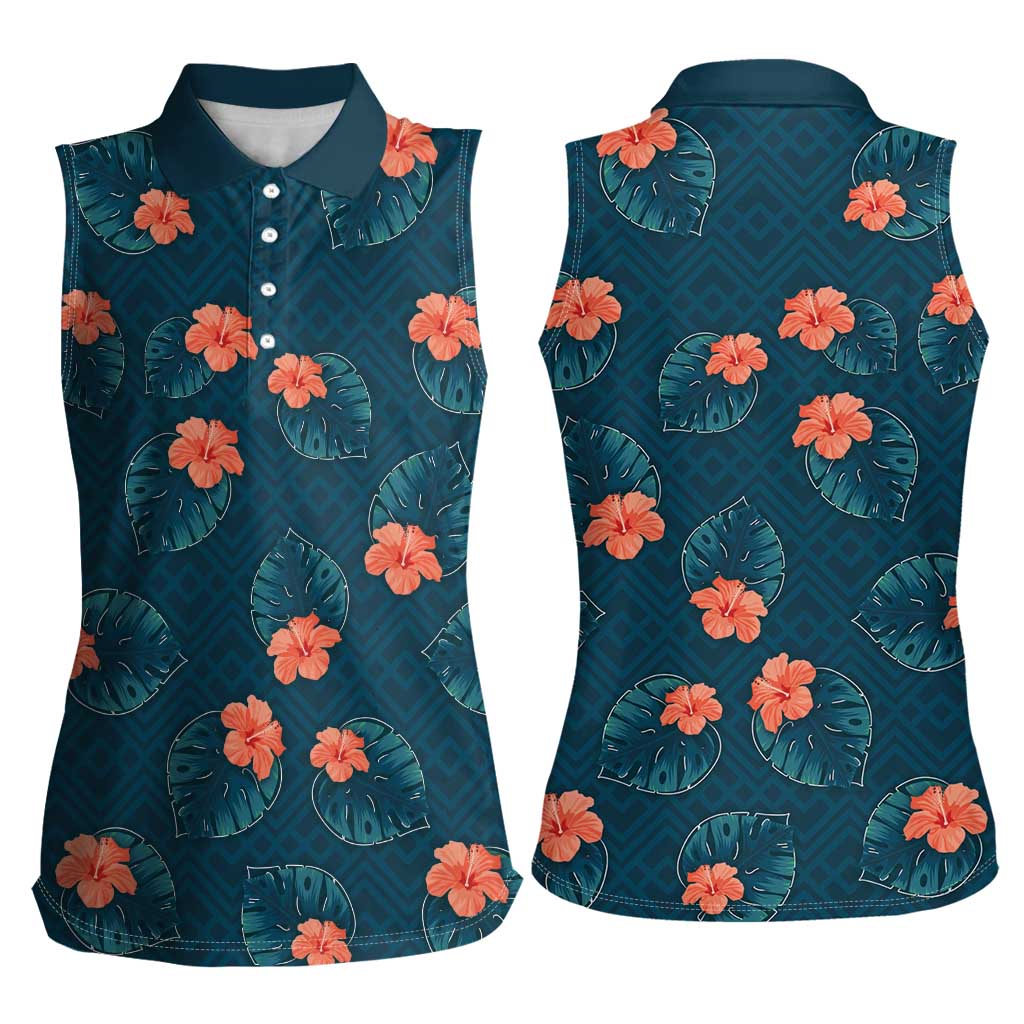 Hawaii Monstera Women Sleeveless Polo Shirt Hibiscus Flowers Simple Style - Polynesian Pride