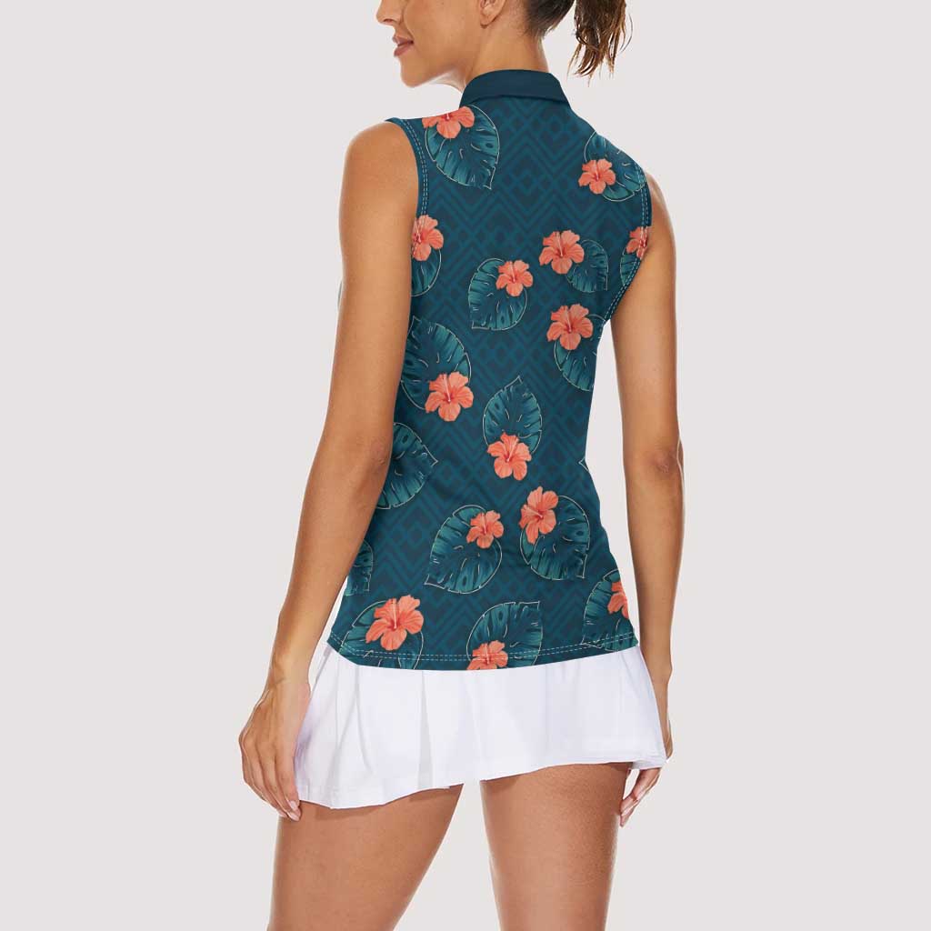 Hawaii Monstera Women Sleeveless Polo Shirt Hibiscus Flowers Simple Style - Polynesian Pride