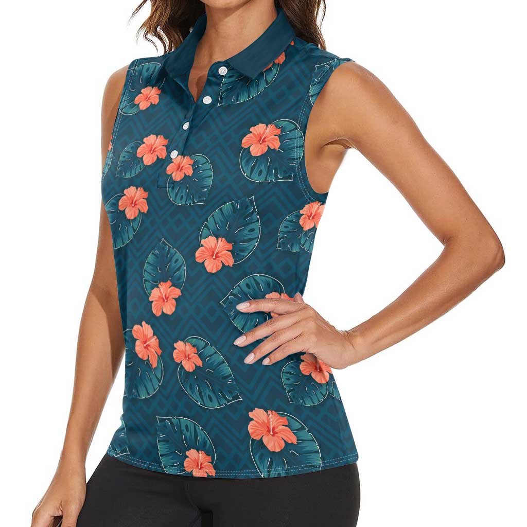 Hawaii Monstera Women Sleeveless Polo Shirt Hibiscus Flowers Simple Style - Polynesian Pride