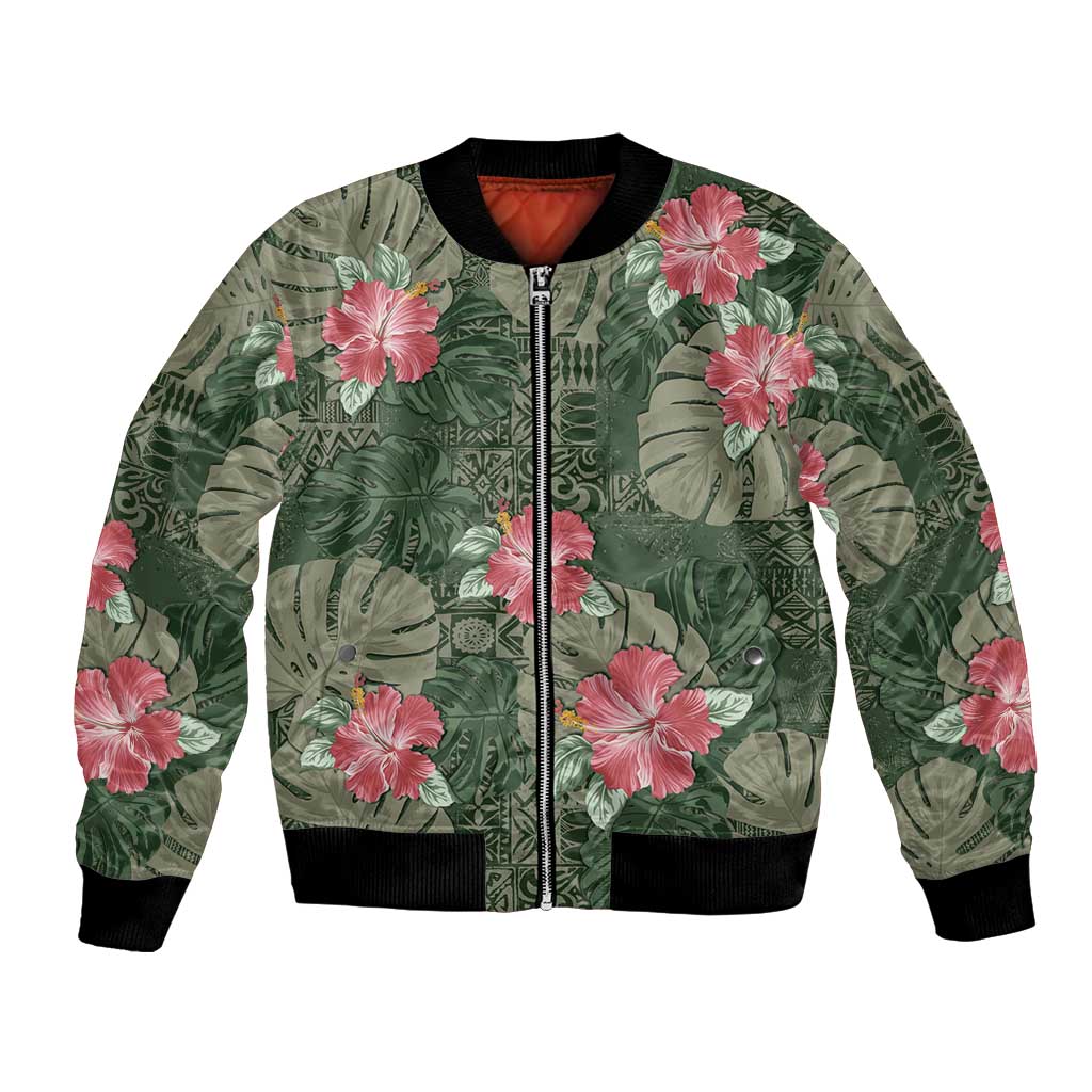 Hawaii Bomber Jacket Green Polynesian Monstera Patterns - Polynesian Pride