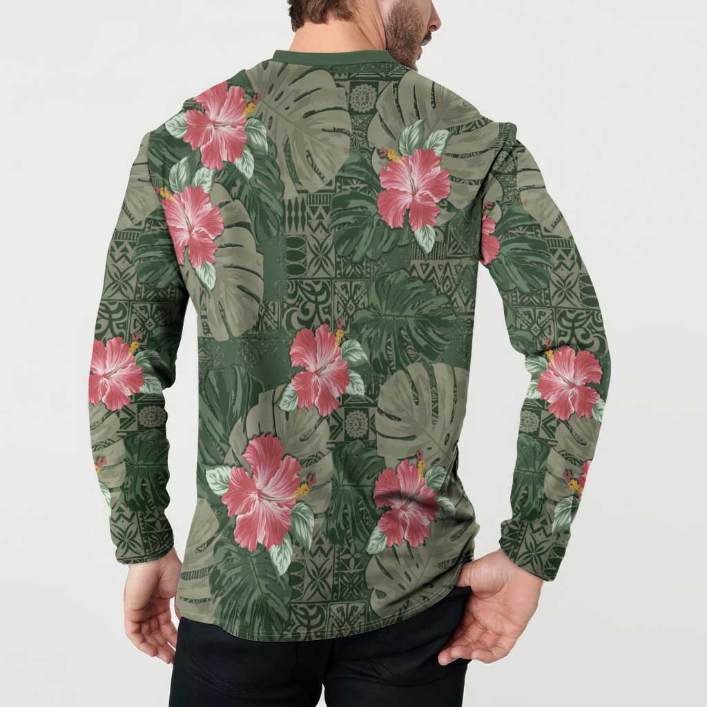 Hawaii Button Sweatshirt Green Polynesian Monstera Patterns DT05 - Polynesian Pride