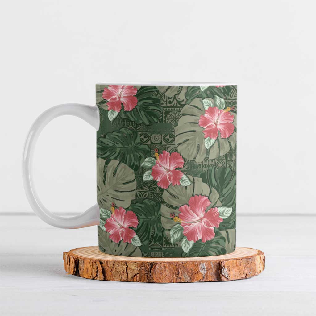 Hawaii Ceramic Mug Green Polynesian Monstera Patterns - Polynesian Pride