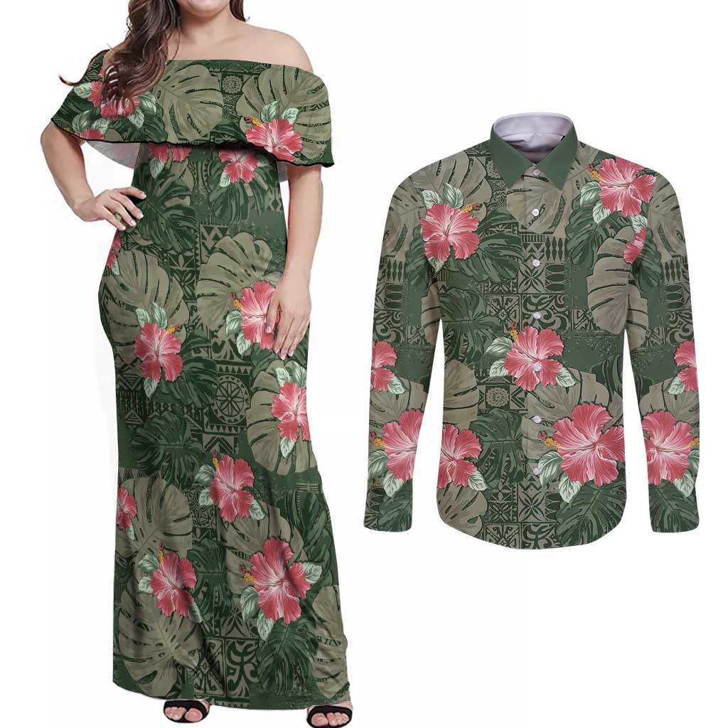 Hawaii Couples Matching Off Shoulder Maxi Dress and Long Sleeve Button Shirt Green Polynesian Monstera Patterns - Polynesian Pride