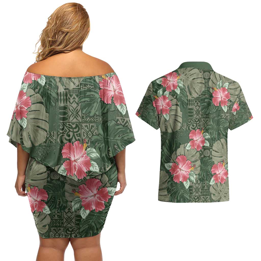 Hawaii Couples Matching Off Shoulder Short Dress and Hawaiian Shirt Green Polynesian Monstera Patterns - Polynesian Pride