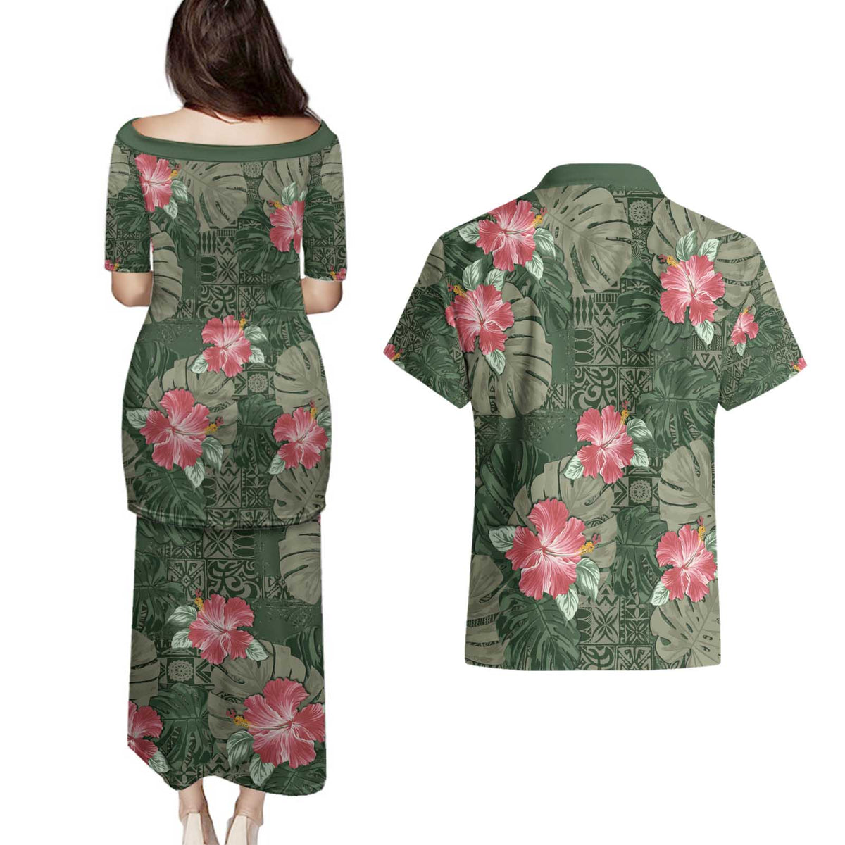 Hawaii Couples Matching Puletasi and Hawaiian Shirt Green Polynesian Monstera Patterns DT05 - Polynesian Pride