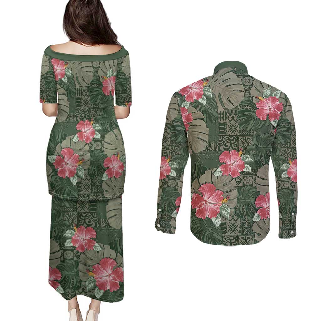 Hawaii Couples Matching Puletasi and Long Sleeve Button Shirt Green Polynesian Monstera Patterns DT05 - Polynesian Pride