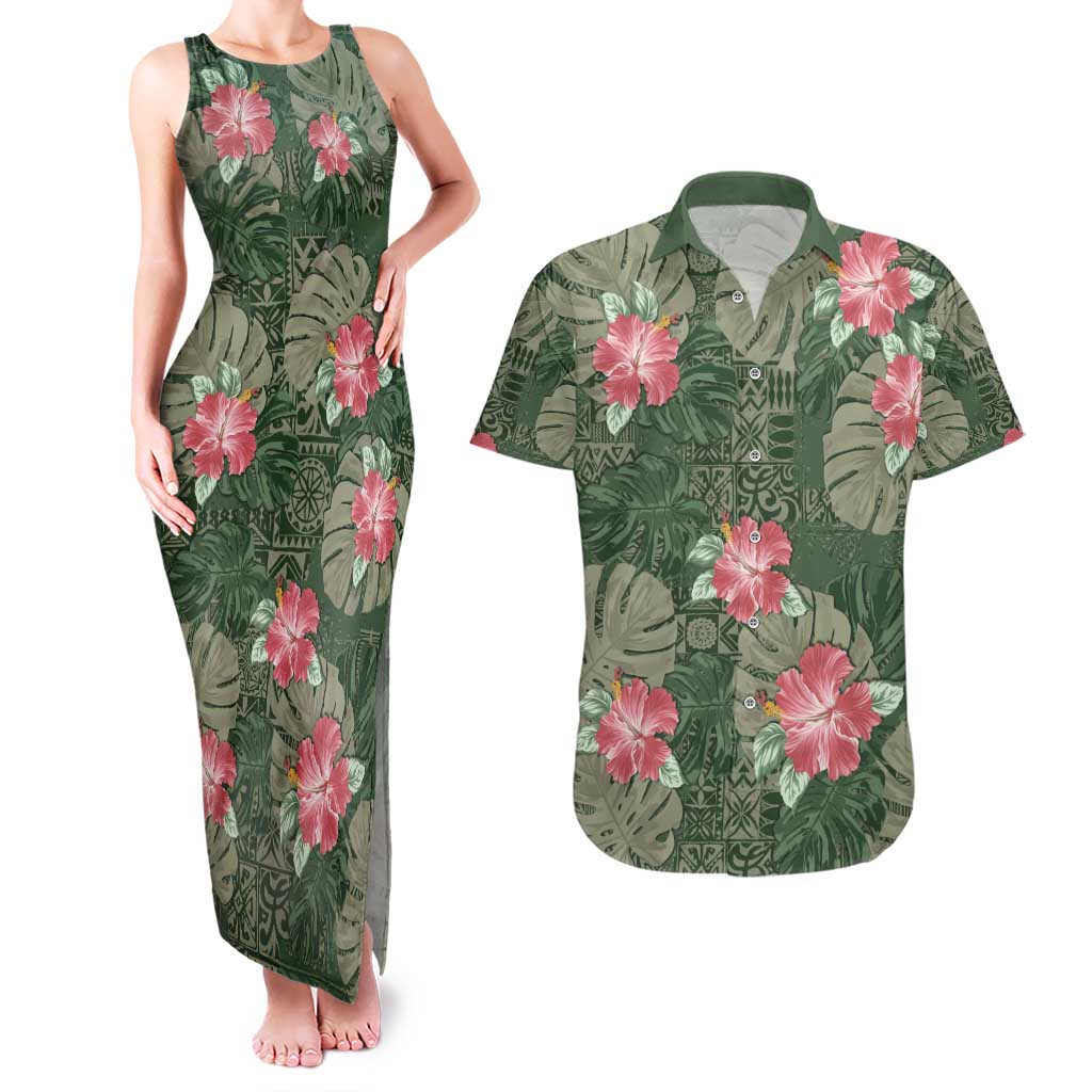 Hawaii Couples Matching Tank Maxi Dress and Hawaiian Shirt Green Polynesian Monstera Patterns - Polynesian Pride