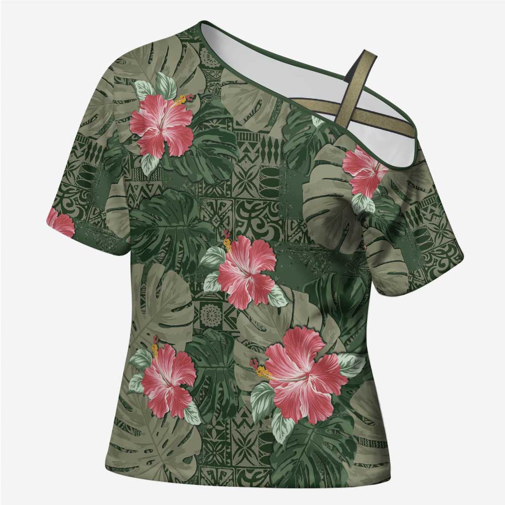 Hawaii Cross Shoulder Shirt Green Polynesian Monstera Patterns DT05 Female Green - Polynesian Pride